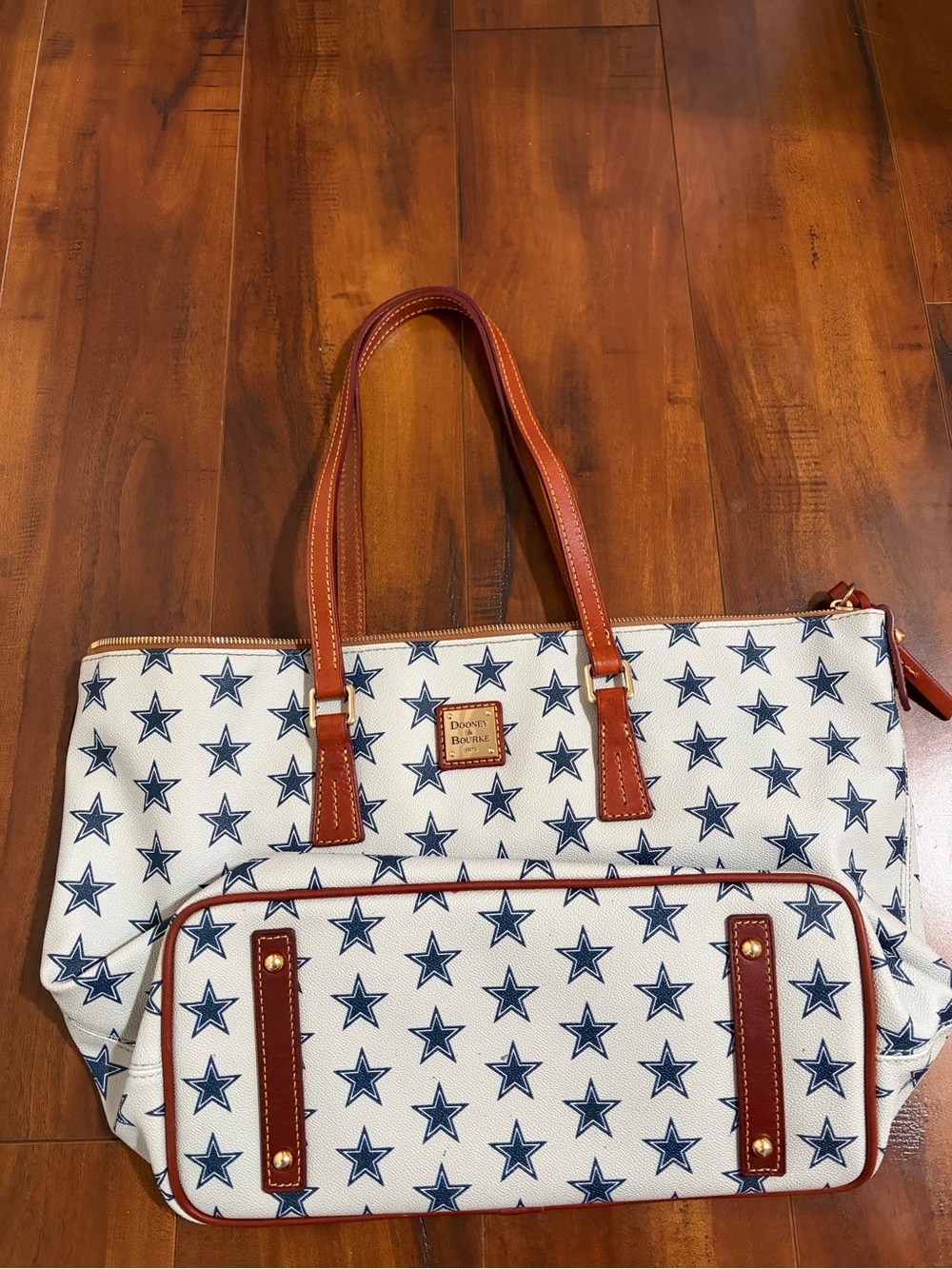 Dooney & Bourke White Tote with Navy Star Print and Brown Leather Trim